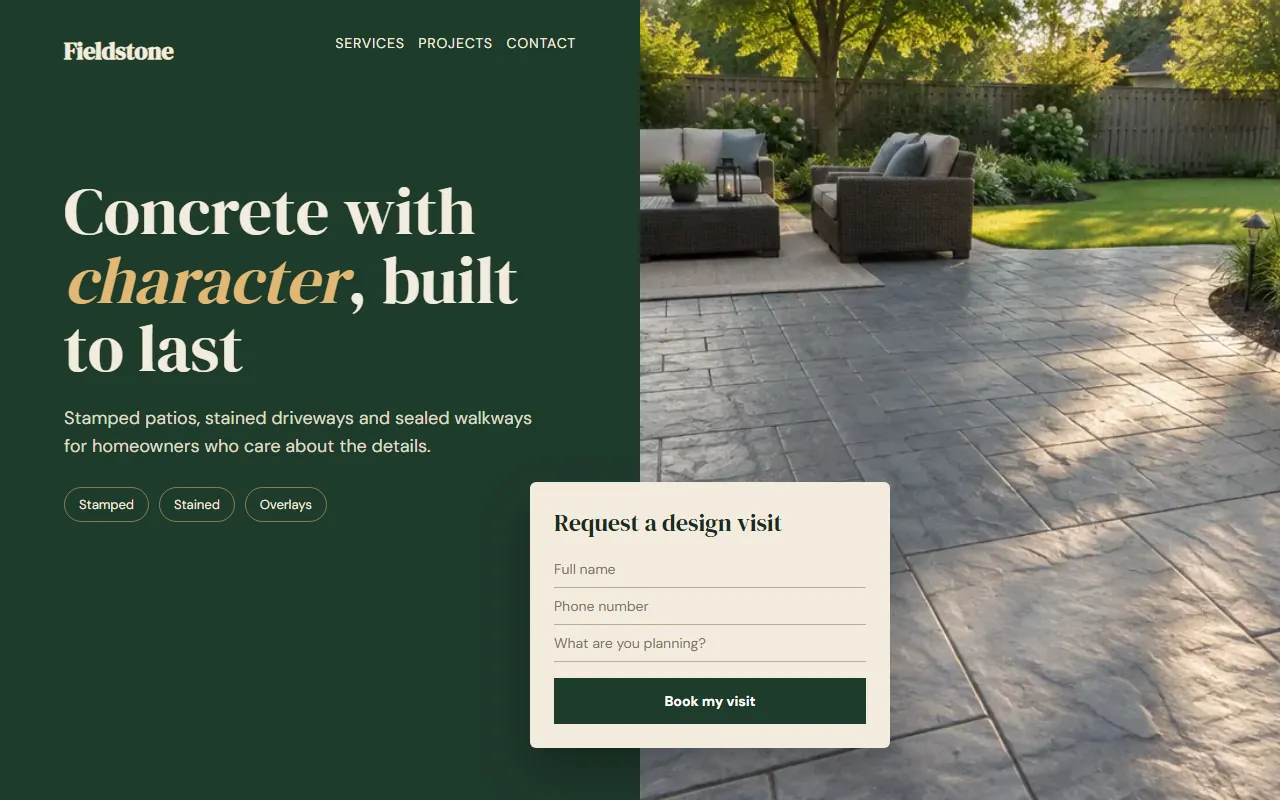 Sample website design for Fieldstone Concrete Co.: Decorative concrete: split-screen layout