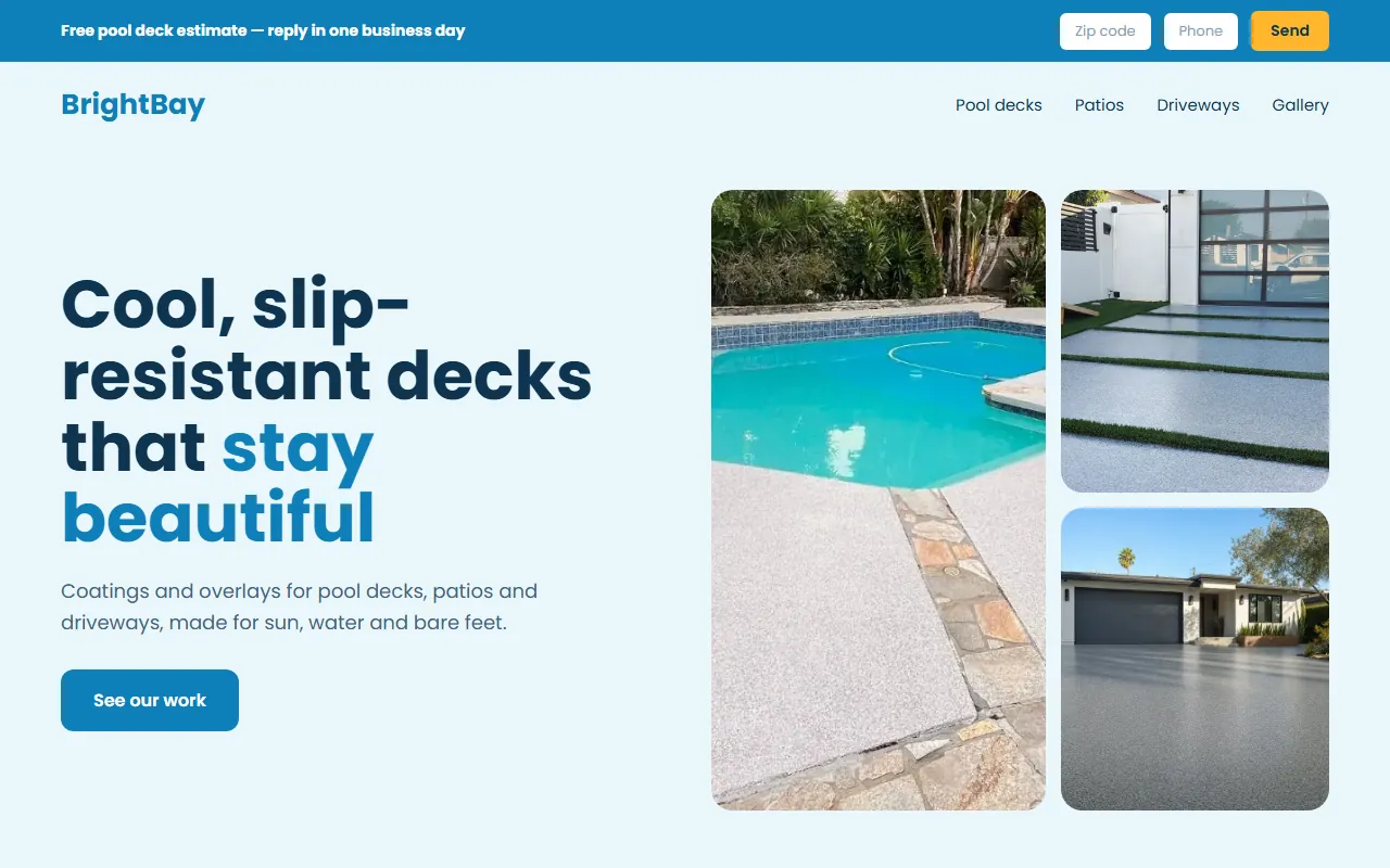Sample website design for BrightBay Surfaces: Pool decks & patios: photo collage